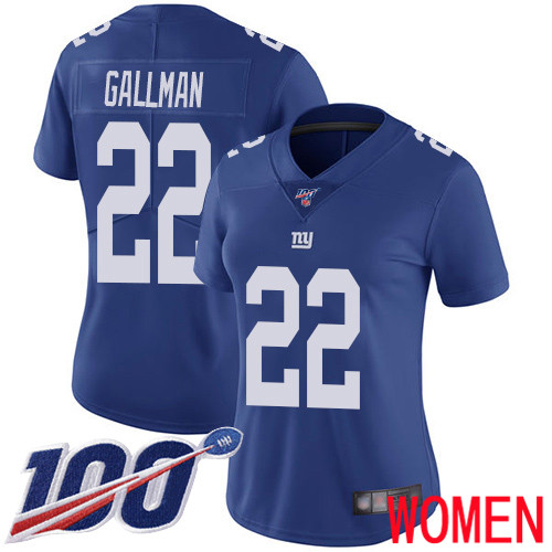 Women New York Giants #22 Wayne Gallman Royal Blue Team Color Vapor Untouchable Limited Player 100th Season Football NFL Jersey